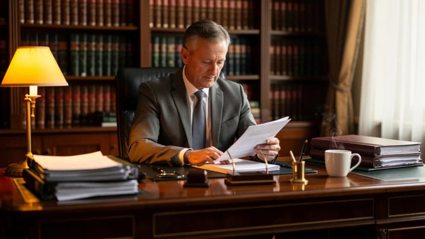 Experienced franchise solicitor reviewing a contract in a professional office