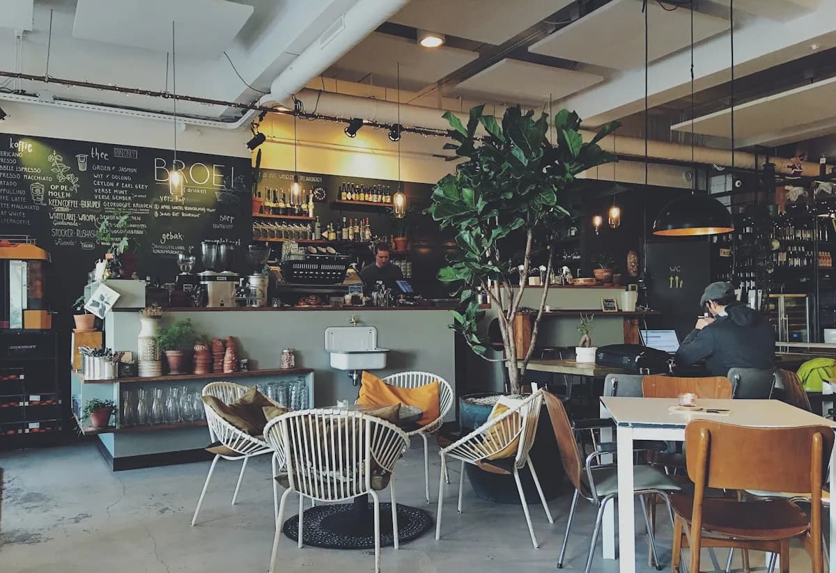 Barista pouring latte art into a takeaway cup at a busy coffee shop, representing coffee franchise opportunities in the UK.