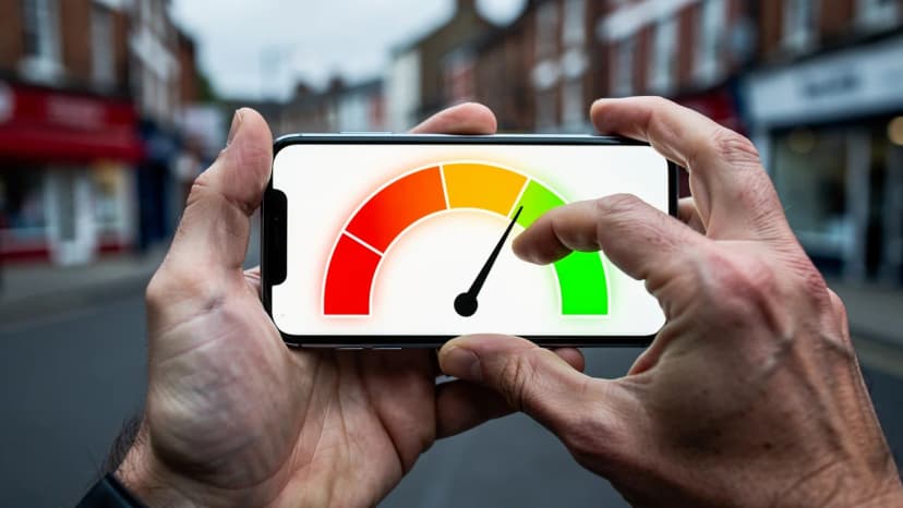 UK person checking their credit score on a smartphone before applying for franchise finance