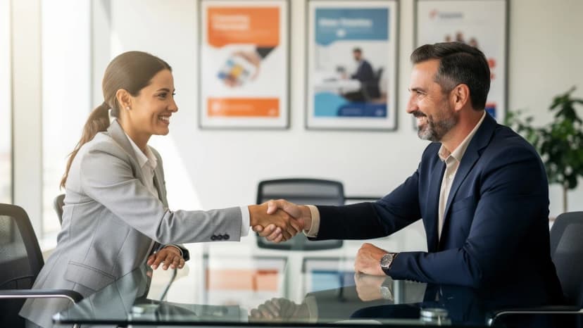 UK franchisee and franchisor shaking hands at an office meeting after looking beyond credit score