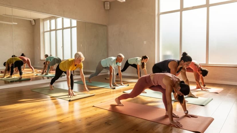 Group yoga class inside a boutique fitness studio franchise