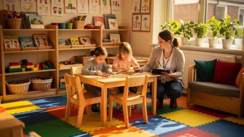 Qualified teacher supporting young children in a UK children's education franchise classroom