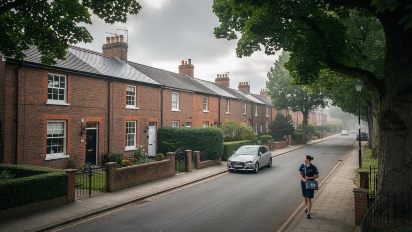 Domiciliary care worker visiting an elderly client in a UK suburban neighbourhood