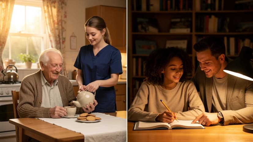 Senior carer and education tutor representing the comparison between UK senior care and children's education franchises