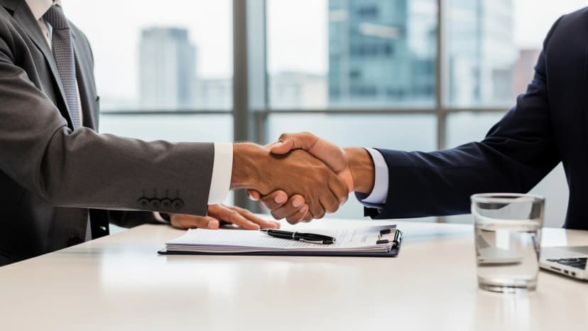 Two UK professionals shaking hands over a franchise disclosure agreement in a modern office