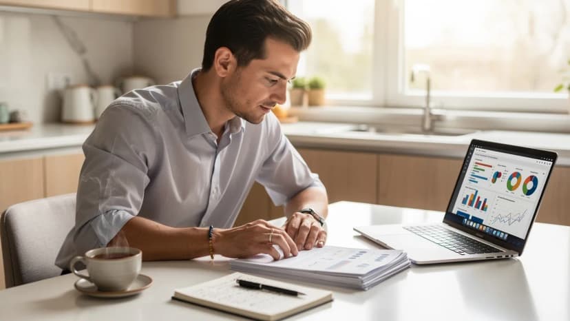 Entrepreneur carefully reviewing franchise brand documents at home