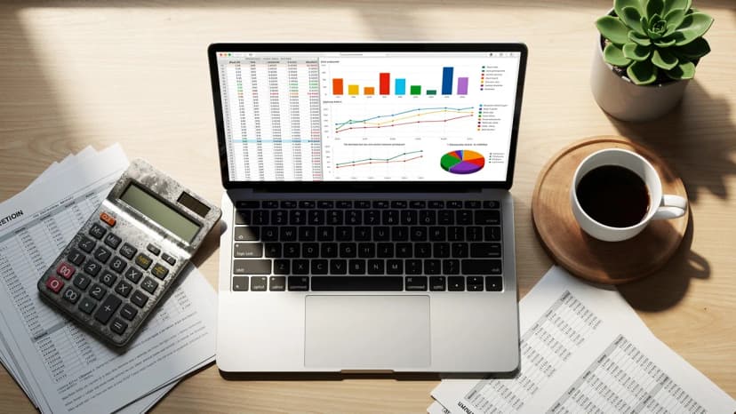 Laptop with spreadsheet, calculator and coffee cup on a UK accountant's desk reviewing franchise fees