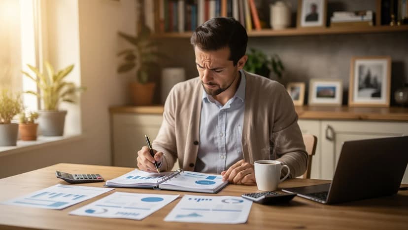 Entrepreneur carefully reviewing franchise financial plans at home