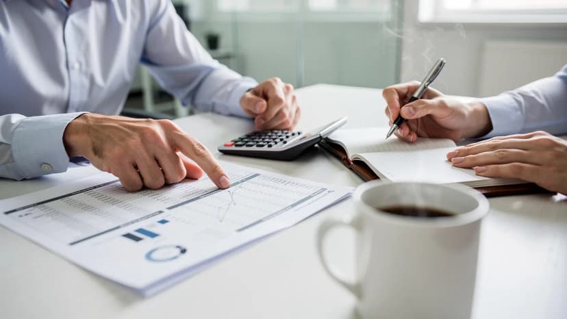 Franchise investment review meeting with financial documents and spreadsheets