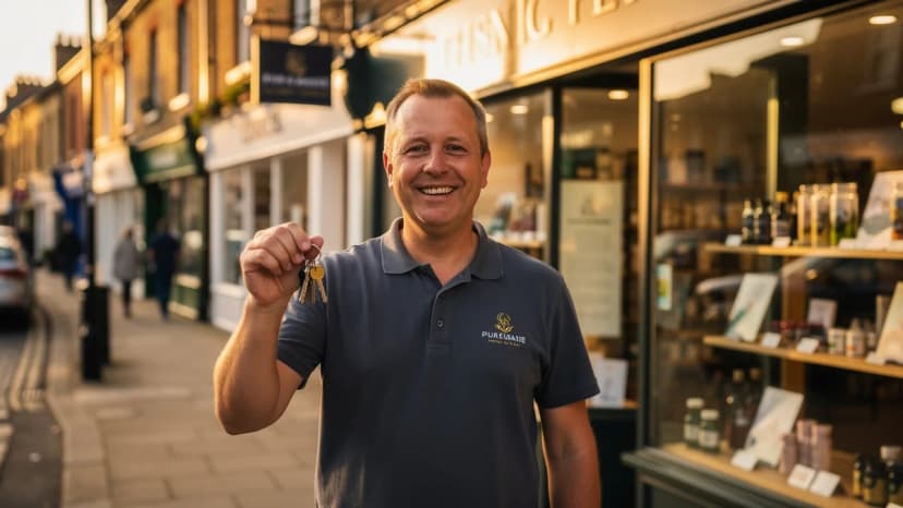 Proud franchise owner standing outside their new UK shopfront on launch day