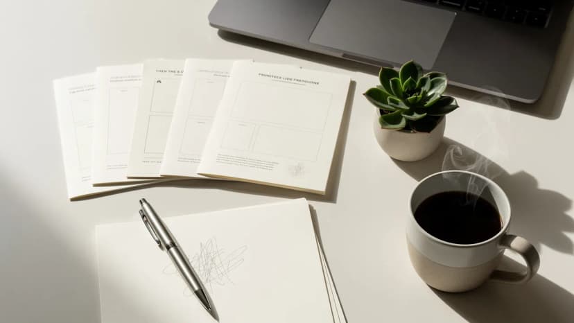Franchise research materials and laptop arranged neatly on a desk during a planning session