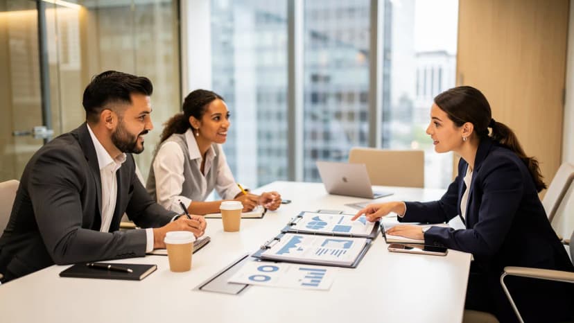 Group of business professionals in a franchise training and support meeting around a table