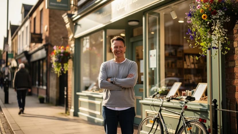 Proud UK business owner standing confidently outside their thriving high-street shop