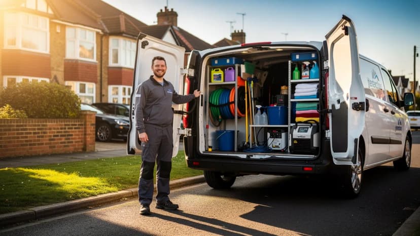 Franchisee tradesperson beside a branded service van on a UK street