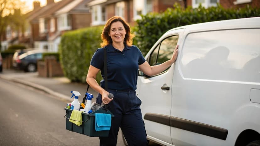 Mobile franchise owner with van on residential street, UK