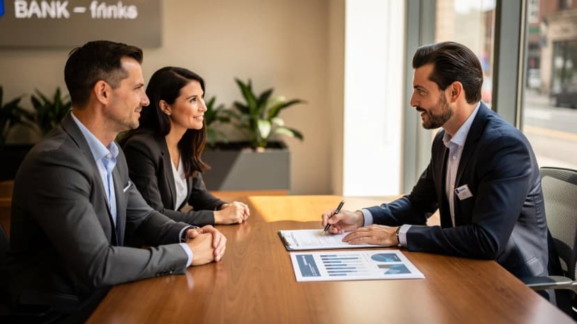 First-time UK franchise buyers meeting a bank adviser to discuss a franchise loan