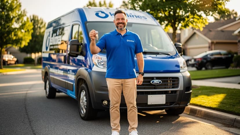 New UK franchise owner standing proudly beside a freshly branded mobile van on opening day