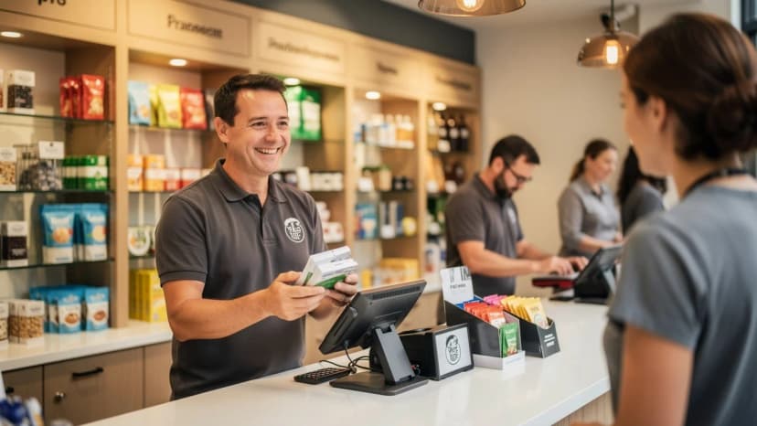 UK franchise owner serving customers during a busy morning shift in a retail unit