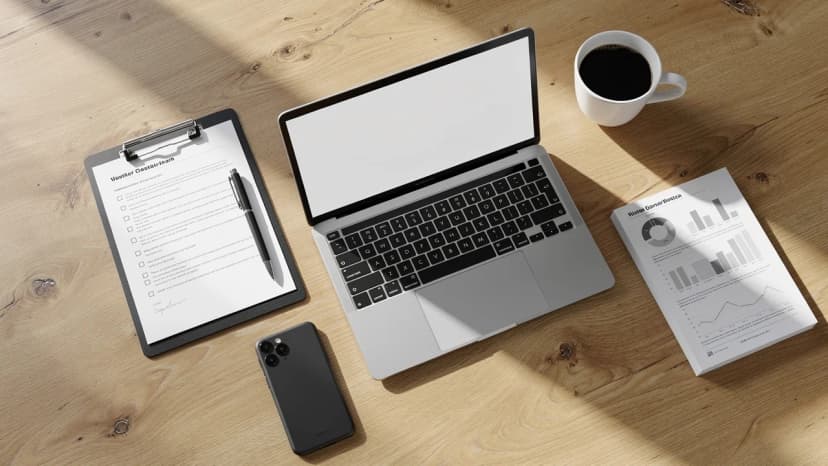 Organised desk with franchise due diligence checklist and research materials ready for buyer review