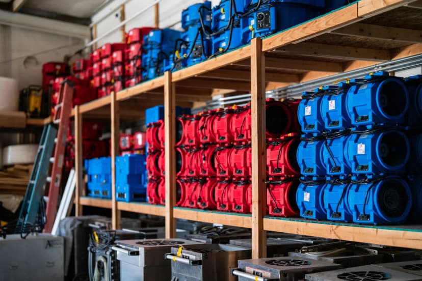 Warehouse shelving stacked with red and blue Rainbow Restoration drying equipment - air movers, dehumidifiers and HEPA filters - ready for deployment to UK property restoration jobs