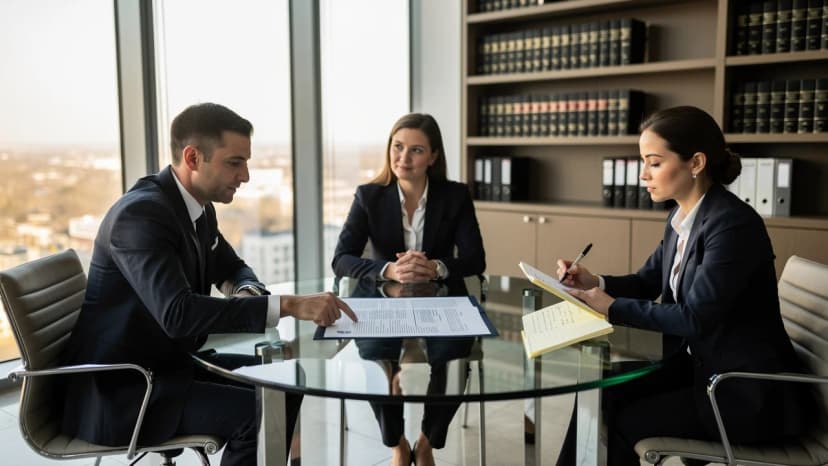 Franchise owner meeting with solicitor and adviser about legal and tax matters