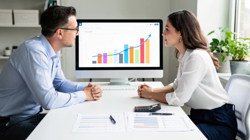 Accountant and franchise owner reviewing UK franchise business valuation figures