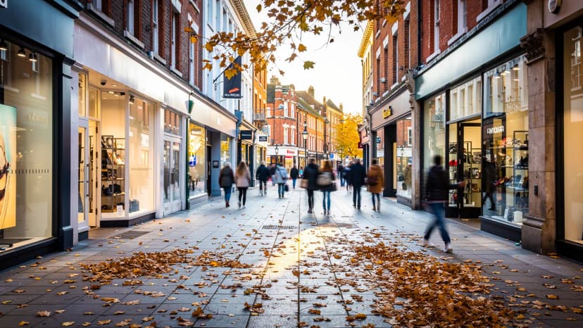 Busy British high street with franchise branded storefronts in autumn sunshine